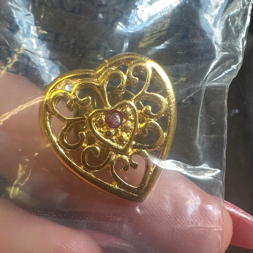 Gold Heart Filigree Brooch with genuine ruby